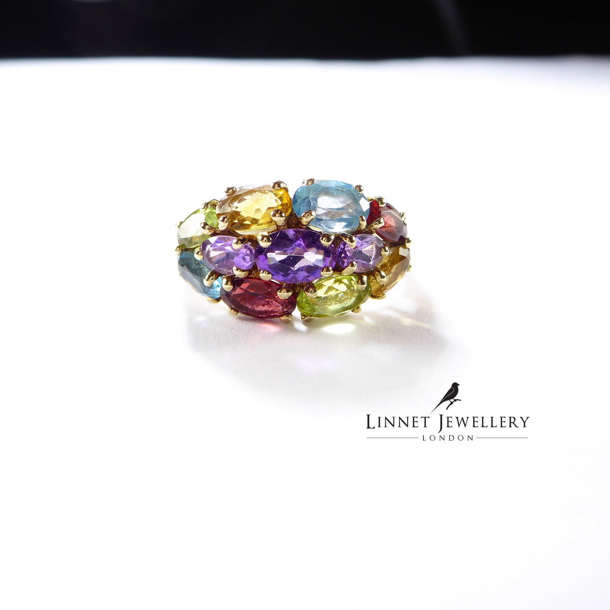 Vintage Genuine Gemstones Cocktail Ring , 9k Solid Gold ( UK O / US 7 )