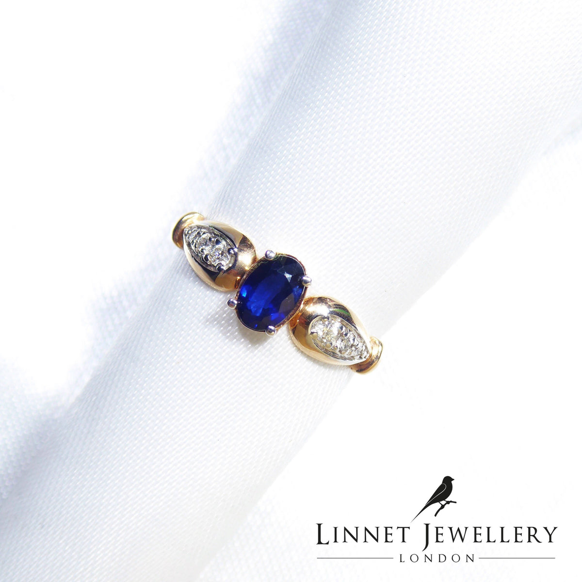 Vintage Sapphire & Genuine Diamonds Cluster Ring , 14K Solid Rose Gold ( UK M / US 6 )