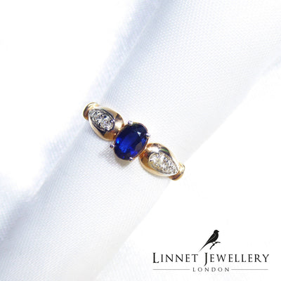 Vintage Sapphire & Genuine Diamonds Cluster Ring , 14K Solid Rose Gold ( UK M / US 6 )