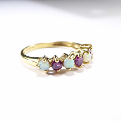 British Vintage Fiery Opal & Rhodelite Half Eternity Ring , 9k Solid Gold ( UK M - US 6 )