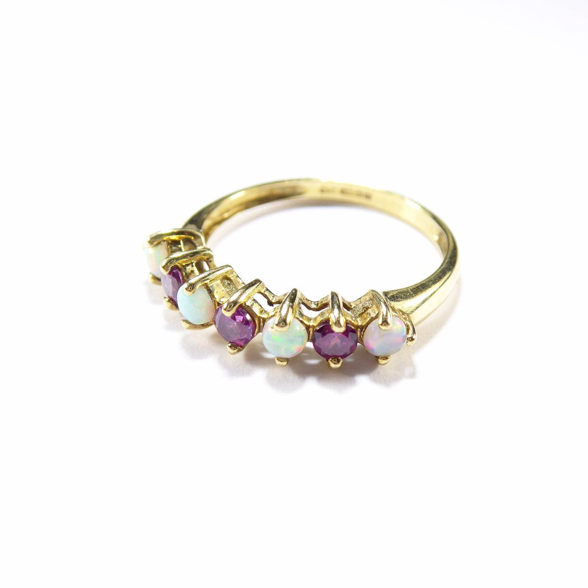 British Vintage Fiery Opal & Rhodelite Half Eternity Ring , 9k Solid Gold ( UK M - US 6 )