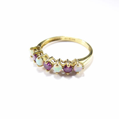 British Vintage Fiery Opal & Rhodelite Half Eternity Ring , 9k Solid Gold ( UK M - US 6 )