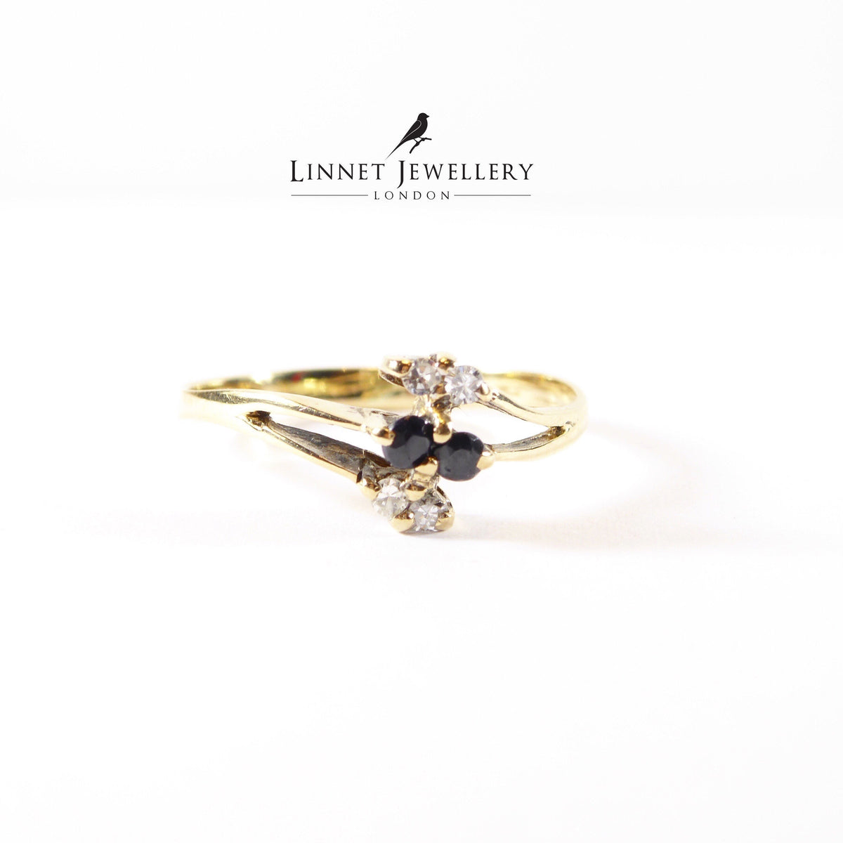 Vintage Dainty Sapphire & Diamond Ring , Solid 9k Yellow Gold ( UK O / US 7 )