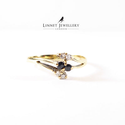 Vintage Dainty Sapphire & Diamond Ring , Solid 9k Yellow Gold ( UK O / US 7 )