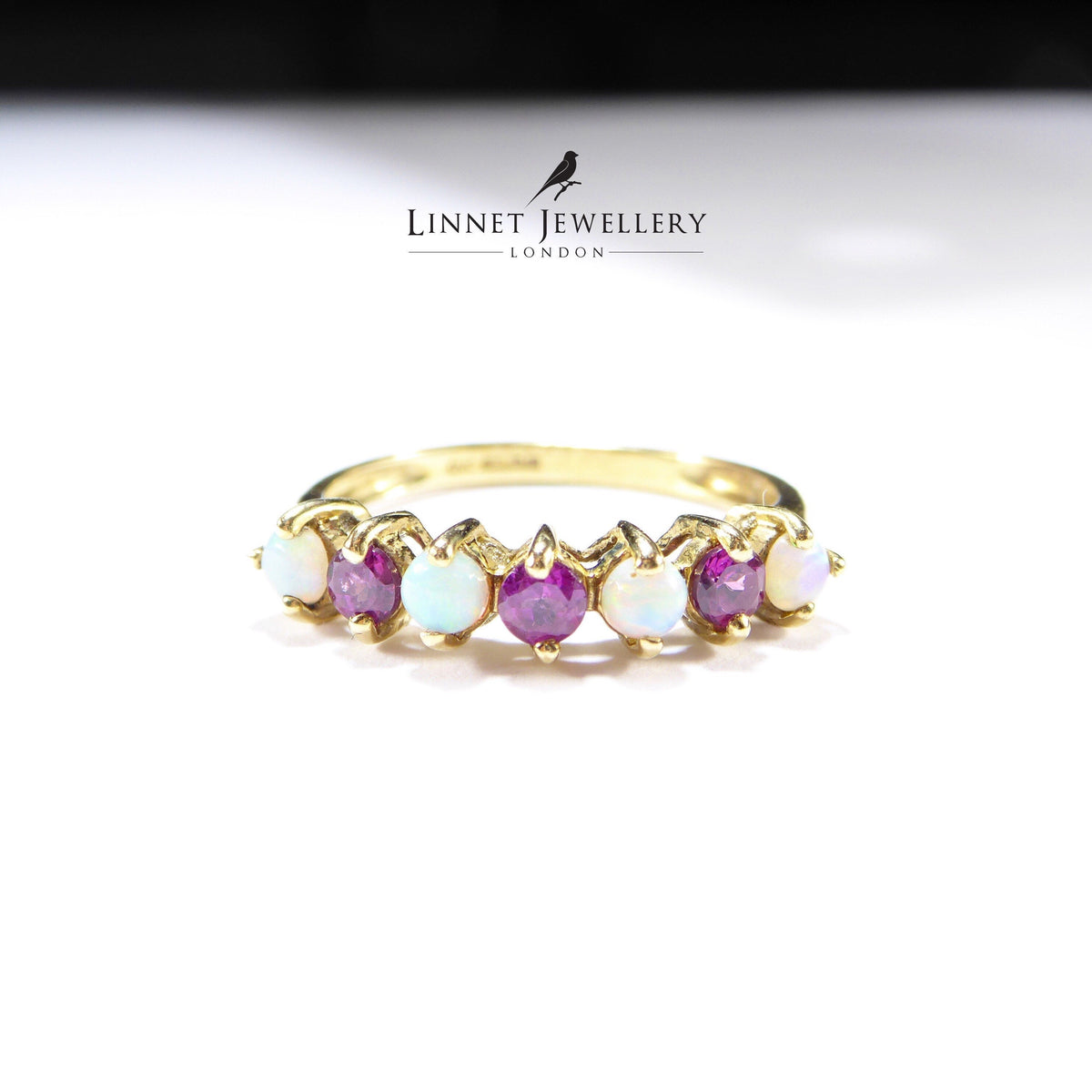 British Vintage Fiery Opal & Rhodelite Half Eternity Ring , 9k Solid Gold ( UK M - US 6 )