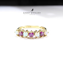 British Vintage Fiery Opal & Rhodelite Half Eternity Ring , 9k Solid Gold ( UK M - US 6 )