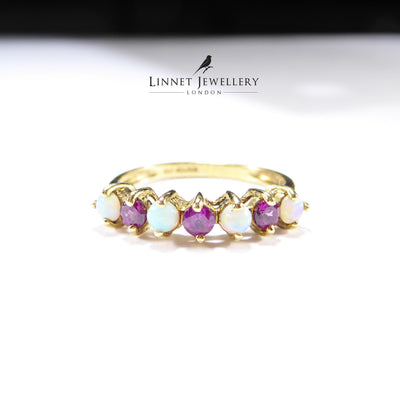 British Vintage Fiery Opal & Rhodelite Half Eternity Ring , 9k Solid Gold ( UK M - US 6 )