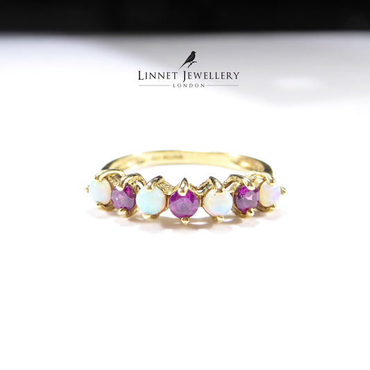 British Vintage Fiery Opal & Rhodelite Half Eternity Ring , 9k Solid Gold ( UK M - US 6 )