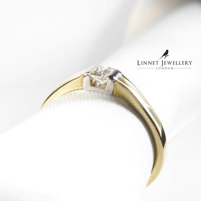 British Vintage Princess Cut Solitaire Diamond Ring ,  9k Solid Gold ( UK U - US 10 )