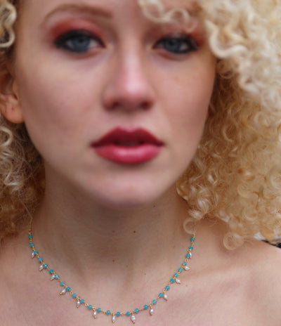 Turquoise & Pearl Small Beaded Handmade Necklace