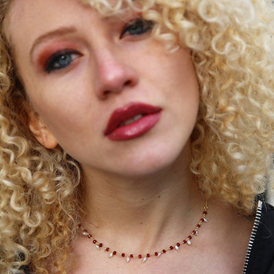 Heated Ruby & Pearl Small Beaded Handmade Necklace