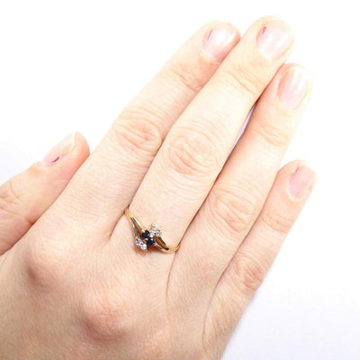 Vintage Dainty Sapphire & Diamond Ring , Solid 9k Yellow Gold ( UK O / US 7 )