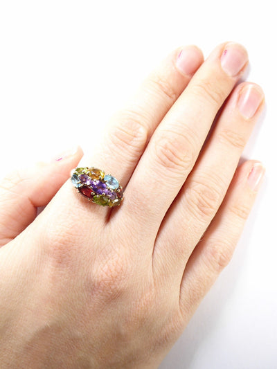 Vintage Genuine Gemstones Cocktail Ring , 9k Solid Gold ( UK O / US 7 )