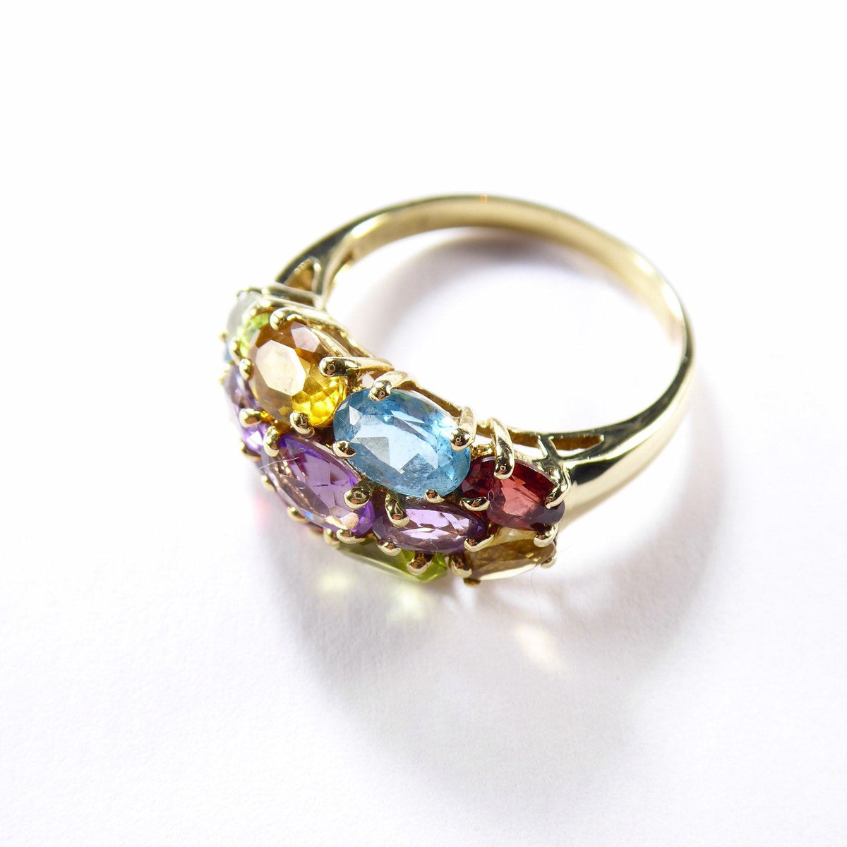 Vintage Genuine Gemstones Cocktail Ring , 9k Solid Gold ( UK O / US 7 )