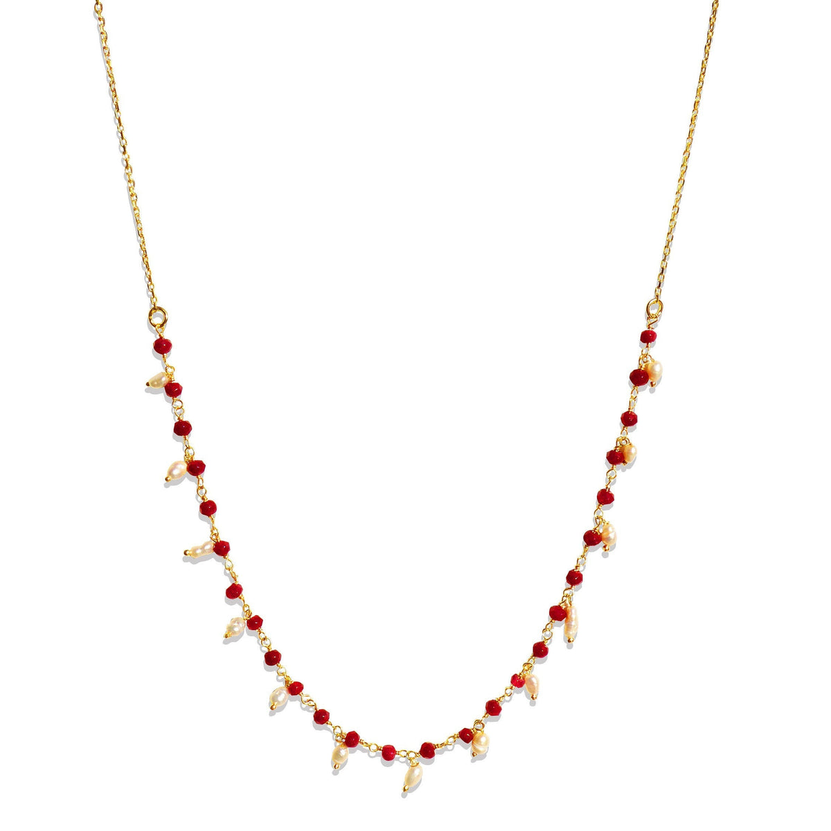 Heated Ruby & Pearl Small Beaded Handmade Necklace