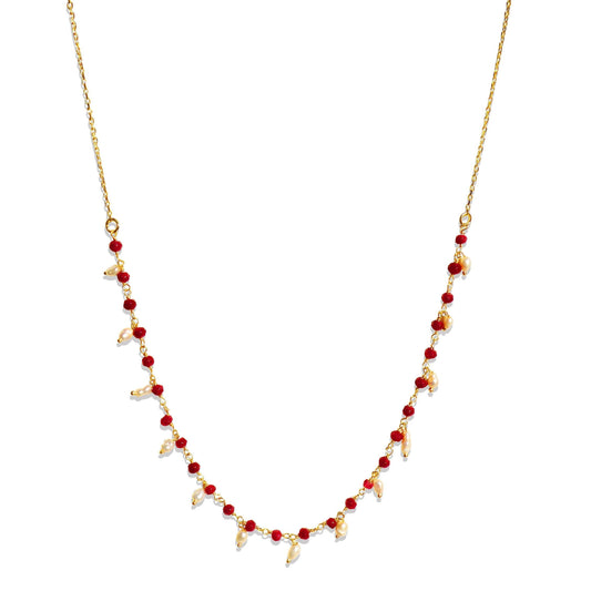 Heated Ruby & Pearl Small Beaded Handmade Necklace