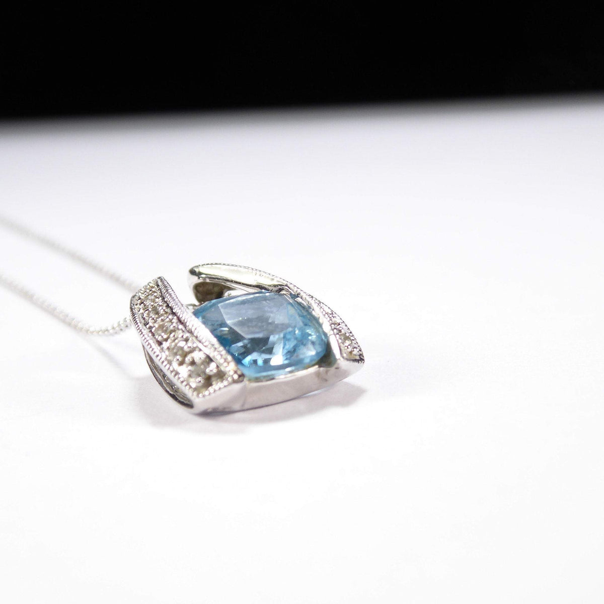 British Vintage Blue Topaz & Natural Diamond  Pendant Necklace , 9K Solid White Gold ( With 18" Gold Chain )