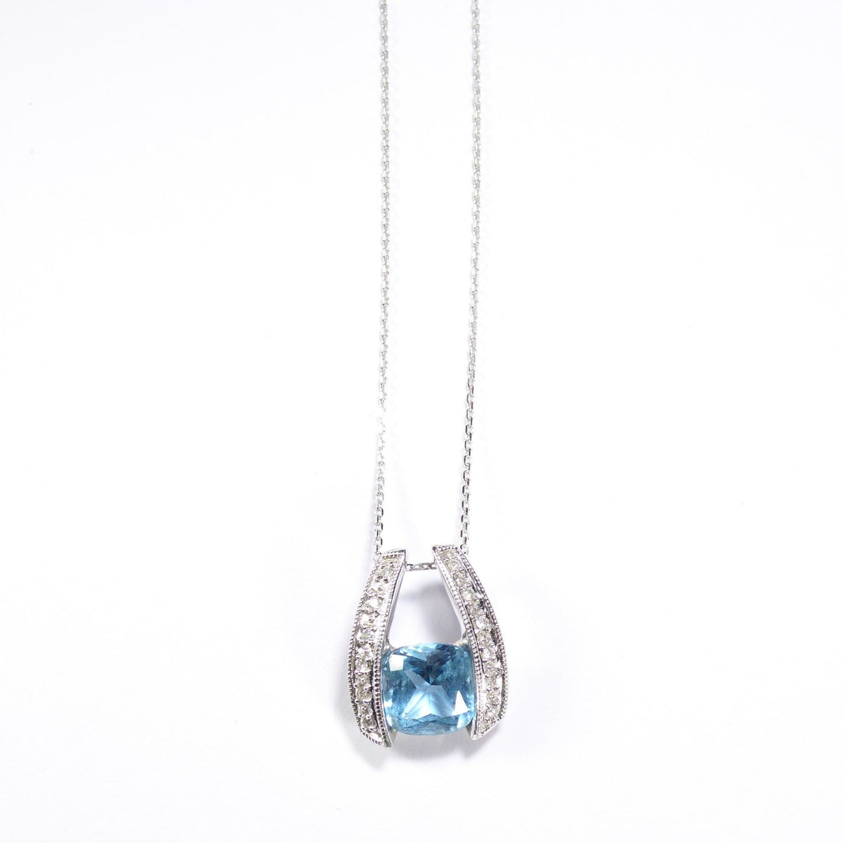 British Vintage Blue Topaz & Natural Diamond  Pendant Necklace , 9K Solid White Gold ( With 18" Gold Chain )