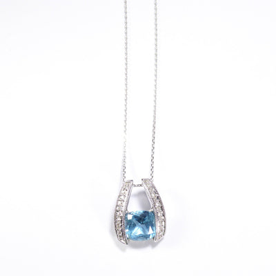 British Vintage Blue Topaz & Natural Diamond  Pendant Necklace , 9K Solid White Gold ( With 18" Gold Chain )