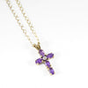 British Vintage Solid Natural Amethyst & Diamond Cross Necklace , 9K Yellow Gold ( With 18" Gold Chain )