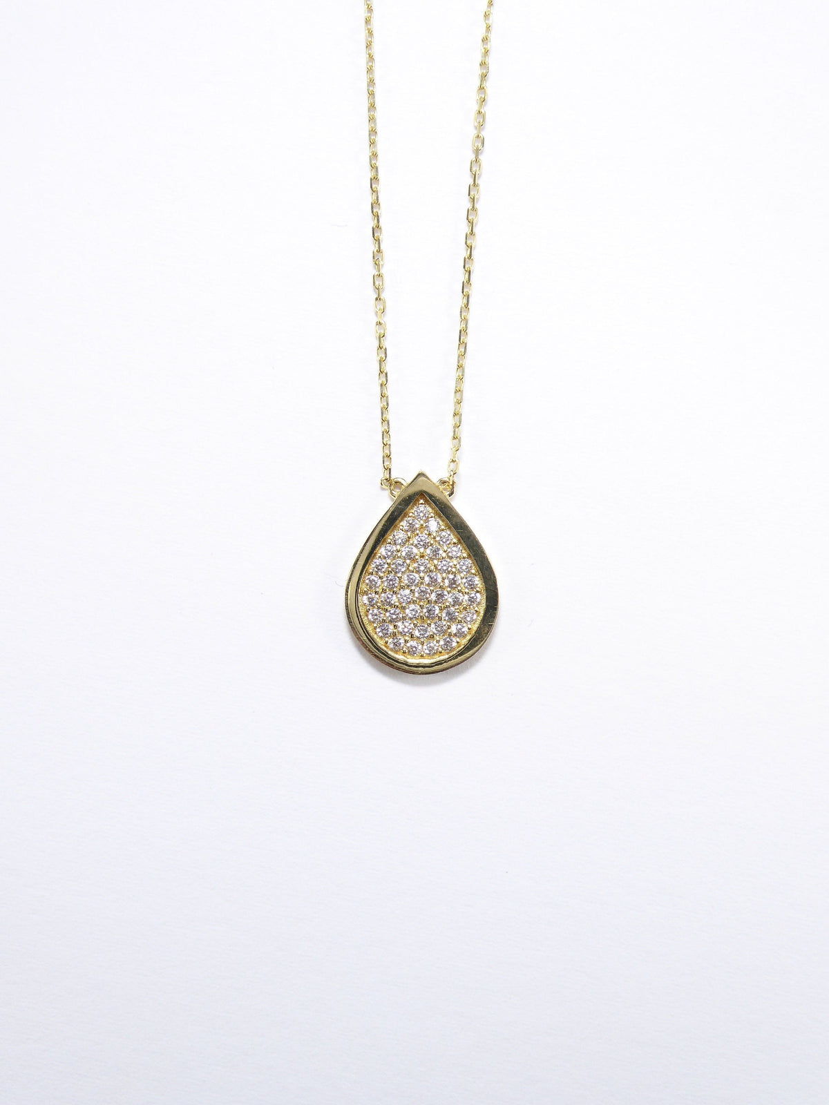 Drop Tear Shape 14K Solid Yellow Gold & Simulated Diamonds Necklace New ( Chain 18" / 45cm )