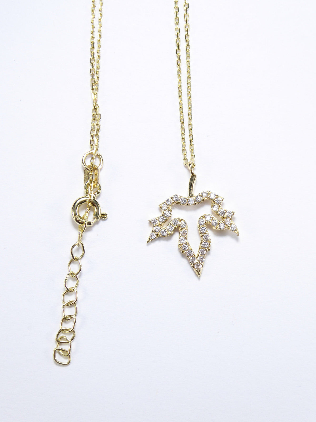 Small Leaf 14K Solid Yellow Gold & Simulated Diamonds Necklace ( Chain 18" / 45cm )