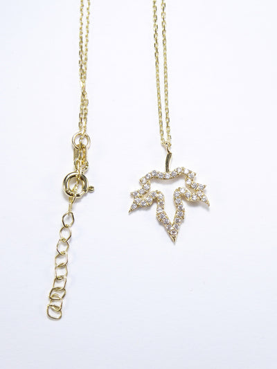 Small Leaf 14K Solid Yellow Gold & Simulated Diamonds Necklace ( Chain 18" / 45cm )
