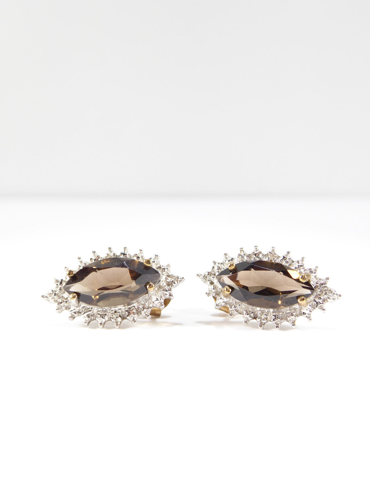 British Vintage Smoky Quartz & Genuine Diamonds Earrings 9k Yellow Gold