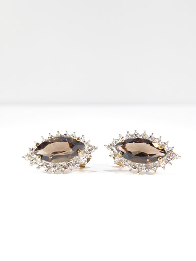British Vintage Smoky Quartz & Genuine Diamonds Earrings 9k Yellow Gold