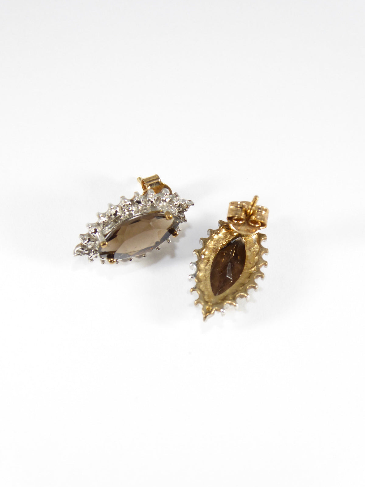 British Vintage Smoky Quartz & Genuine Diamonds Earrings 9k Yellow Gold