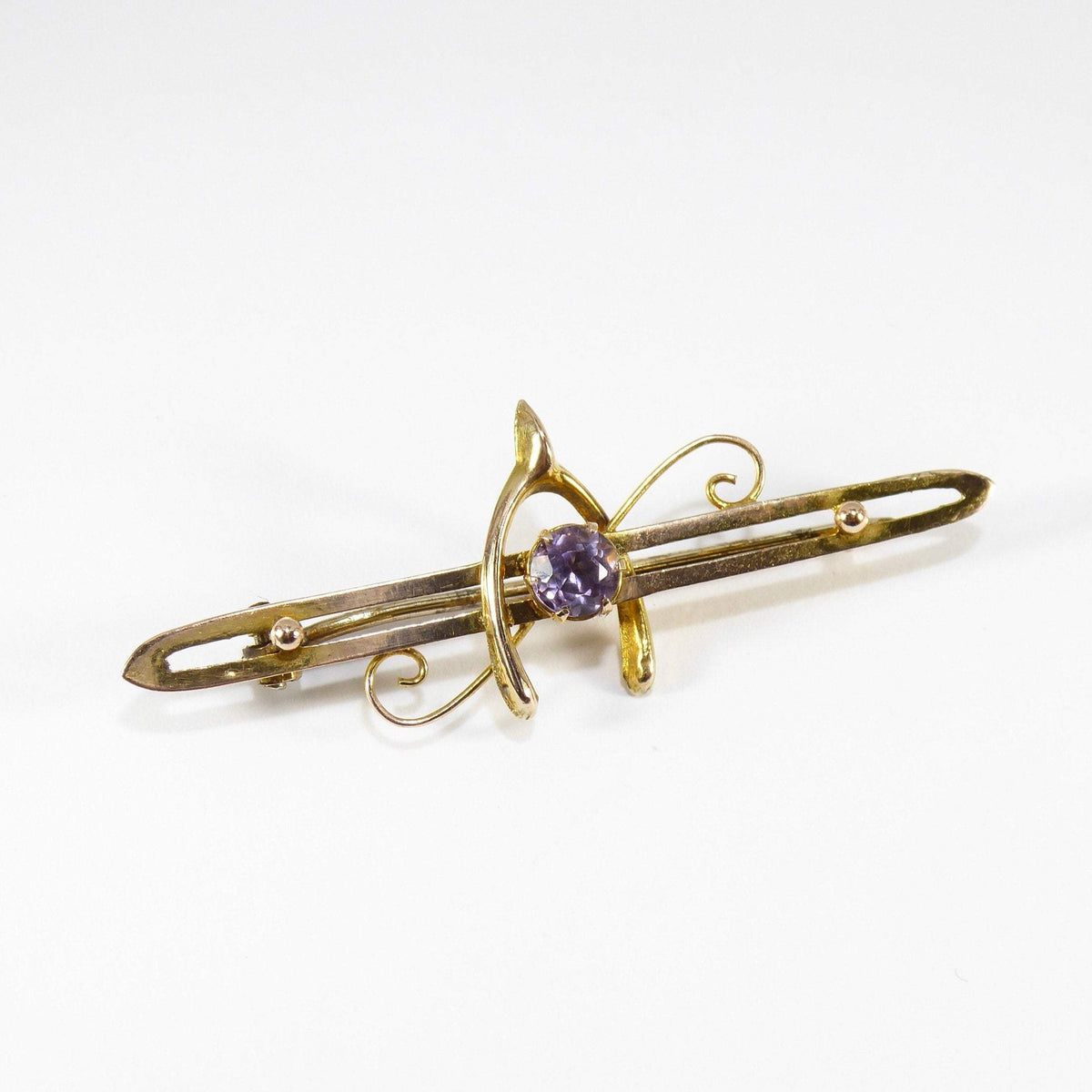 British Vintage 9ct Solid Gold Amethyst Brooch / Pin