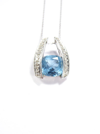 British Vintage Blue Topaz & Natural Diamond  Pendant Necklace , 9K Solid White Gold ( With 18" Gold Chain )