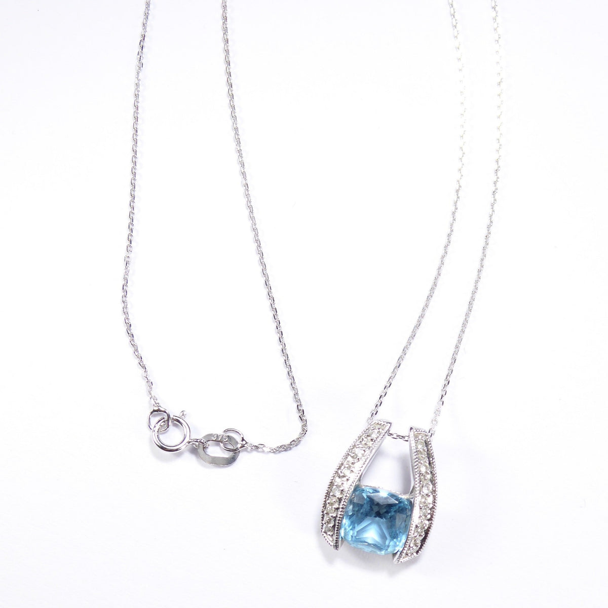 British Vintage Blue Topaz & Natural Diamond  Pendant Necklace , 9K Solid White Gold ( With 18" Gold Chain )