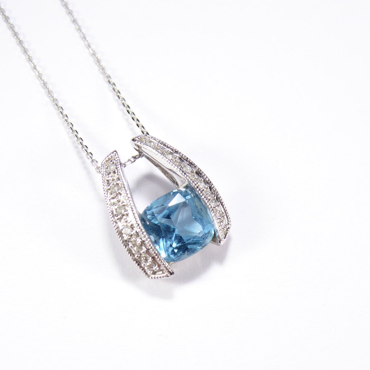 British Vintage Blue Topaz & Natural Diamond  Pendant Necklace , 9K Solid White Gold ( With 18" Gold Chain )