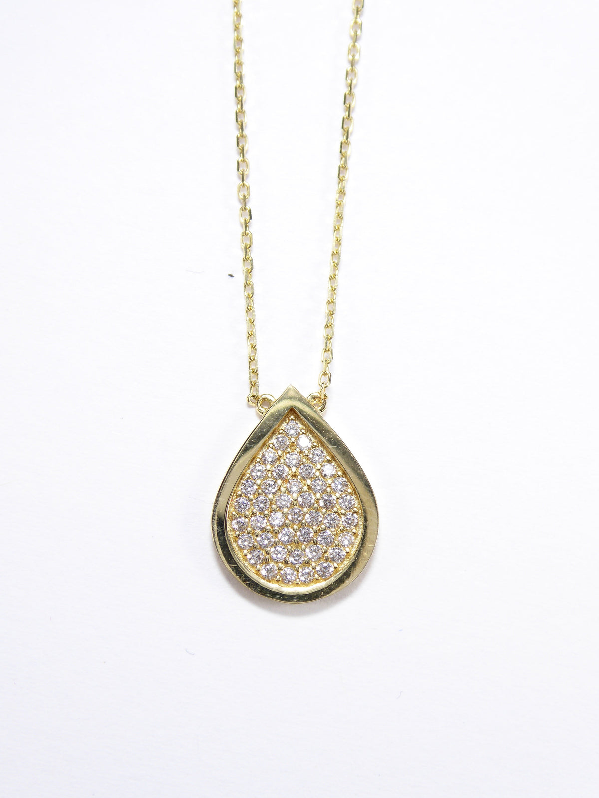 Drop Tear Shape 14K Solid Yellow Gold & Simulated Diamonds Necklace New ( Chain 18" / 45cm )