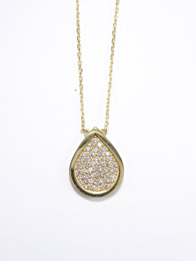 Drop Tear Shape 14K Solid Yellow Gold & Simulated Diamonds Necklace New ( Chain 18" / 45cm )