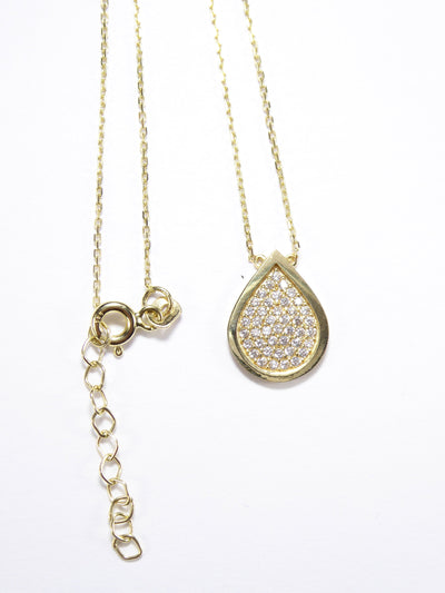 Drop Tear Shape 14K Solid Yellow Gold & Simulated Diamonds Necklace New ( Chain 18" / 45cm )