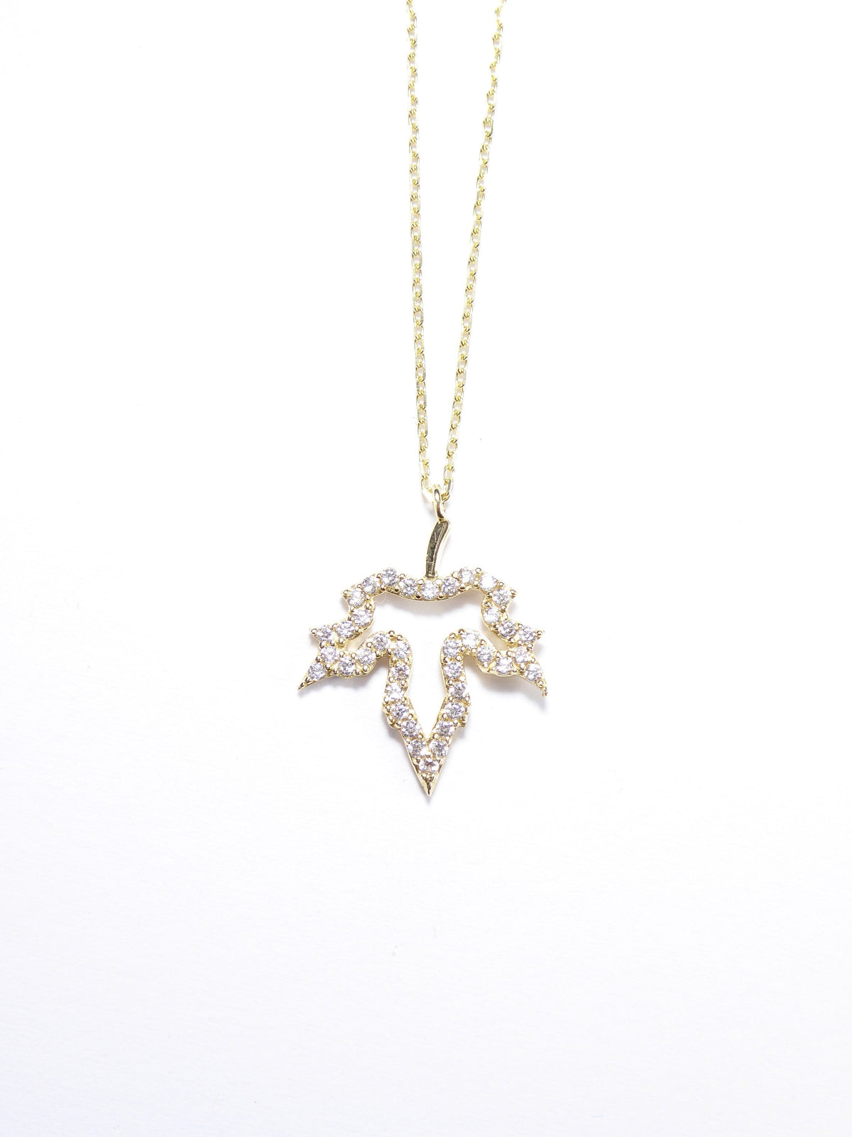 Small Leaf 14K Solid Yellow Gold & Simulated Diamonds Necklace ( Chain 18" / 45cm )