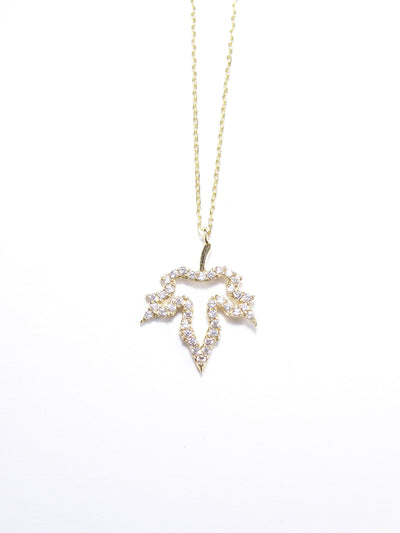 Small Leaf 14K Solid Yellow Gold & Simulated Diamonds Necklace ( Chain 18" / 45cm )