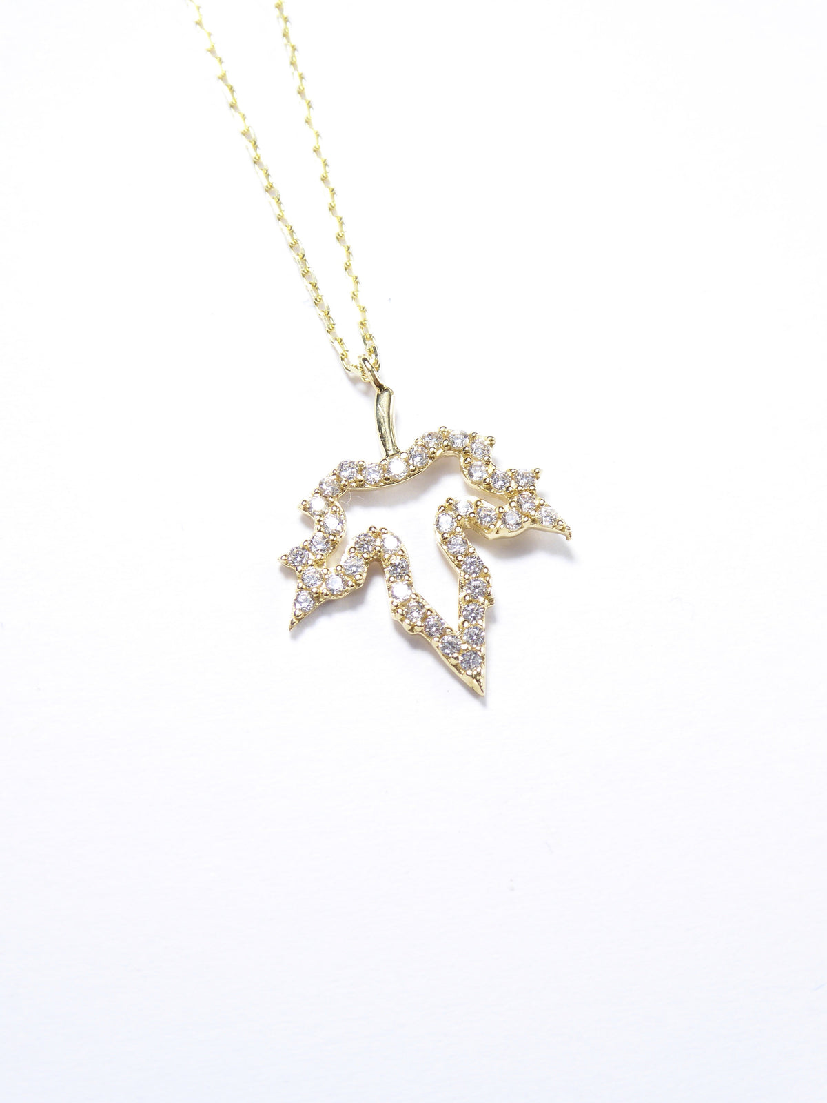 Small Leaf 14K Solid Yellow Gold & Simulated Diamonds Necklace ( Chain 18" / 45cm )