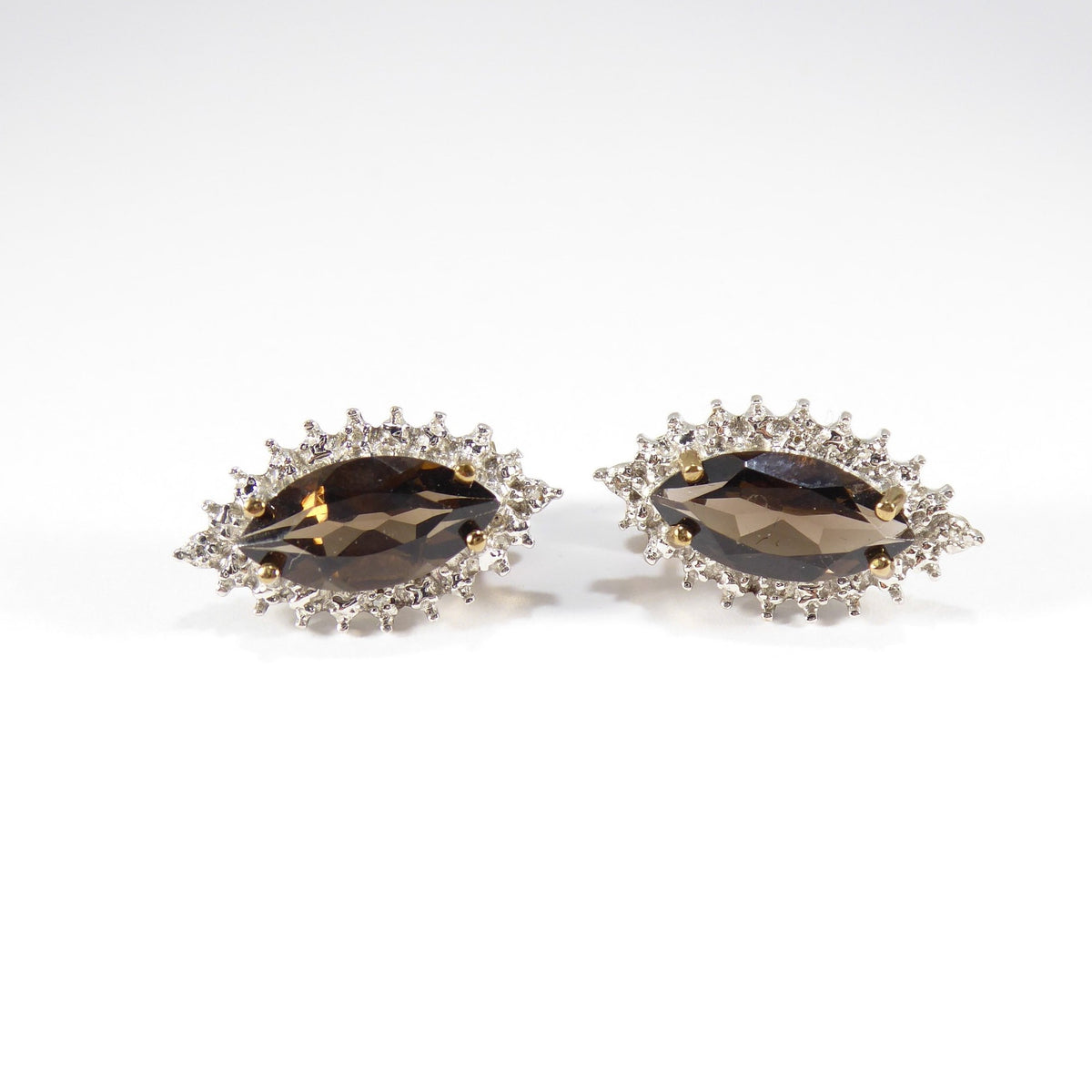 British Vintage Smoky Quartz & Genuine Diamonds Earrings 9k Yellow Gold
