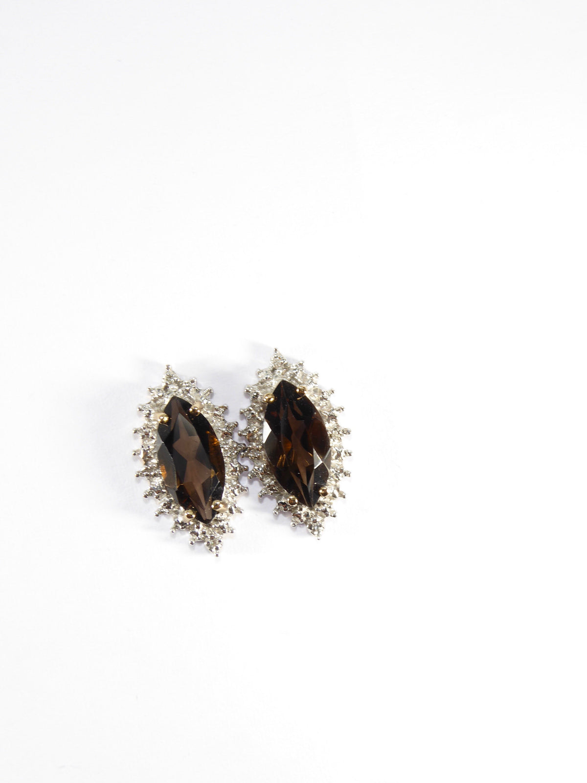 British Vintage Smoky Quartz & Genuine Diamonds Earrings 9k Yellow Gold