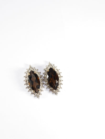 British Vintage Smoky Quartz & Genuine Diamonds Earrings 9k Yellow Gold