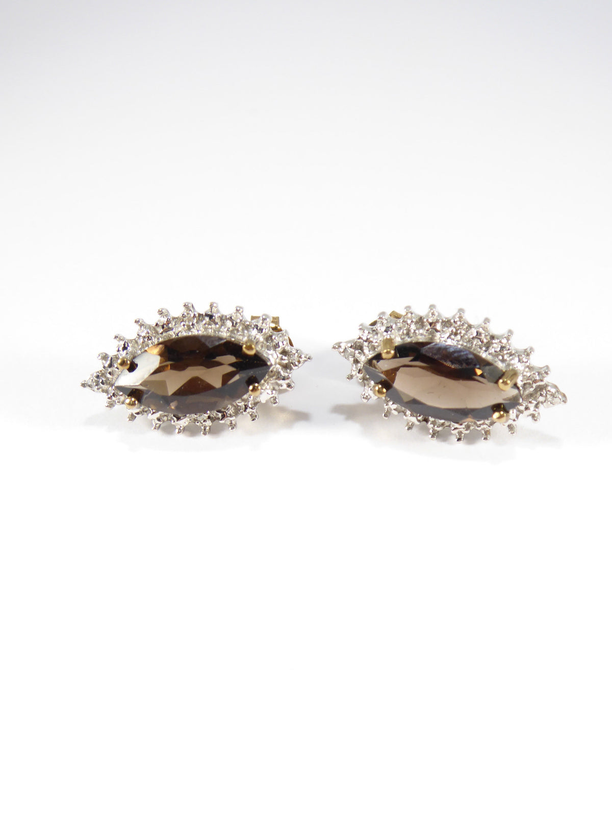 British Vintage Smoky Quartz & Genuine Diamonds Earrings 9k Yellow Gold
