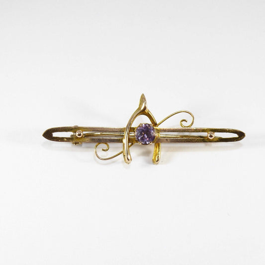 British Vintage 9ct Solid Gold Amethyst Brooch / Pin