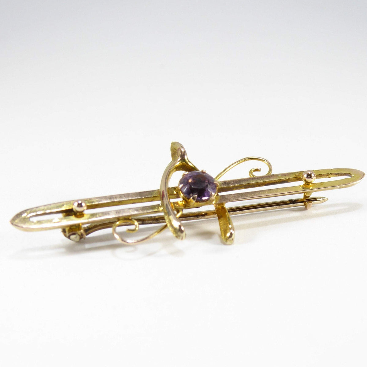 British Vintage 9ct Solid Gold Amethyst Brooch / Pin