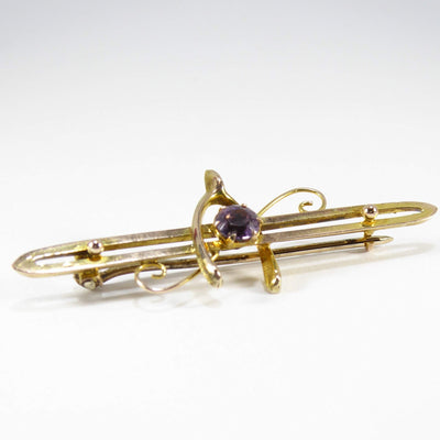 British Vintage 9ct Solid Gold Amethyst Brooch / Pin
