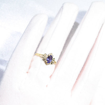British Vintage Tanzanite & Diamond Ring , 9ct Solid Yellow Gold ( UK O - US 7 / 15mm )