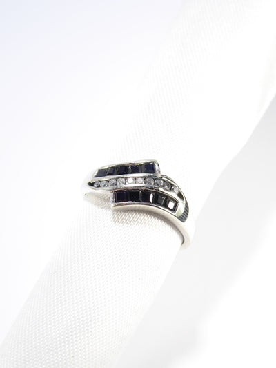 British Unique Vintage Sapphire & Diamond Ring, 9ct White Gold ( UK O - US 7 )