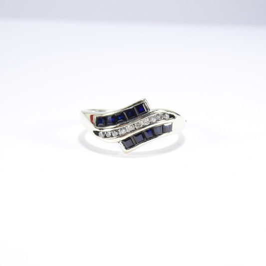 British Unique Vintage Sapphire & Diamond Ring, 9ct White Gold ( UK O - US 7 )